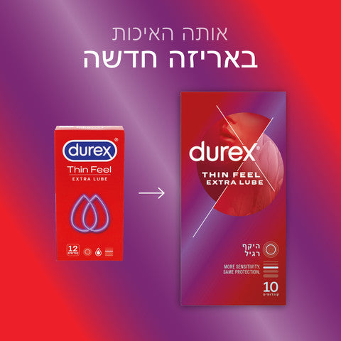 מבצע זוג - קונדומים דורקס Thin Feel - Extra Lube - מכיל 20 יחידות סה"כ - DUREXמבצע שלישייה - קונדומים דורקס Thin Feel - Extra Lube - מכיל 30 יחידות סה"כ - DUREX