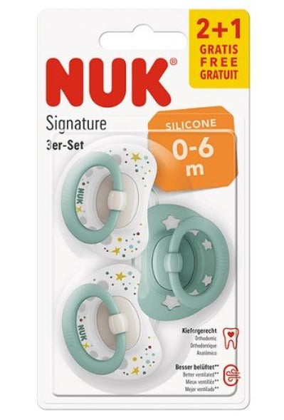 שלישיית מוצצי נוק סיגנטור NUK Signature - סיליקון 0-6 חודשים - טורקיז לבן